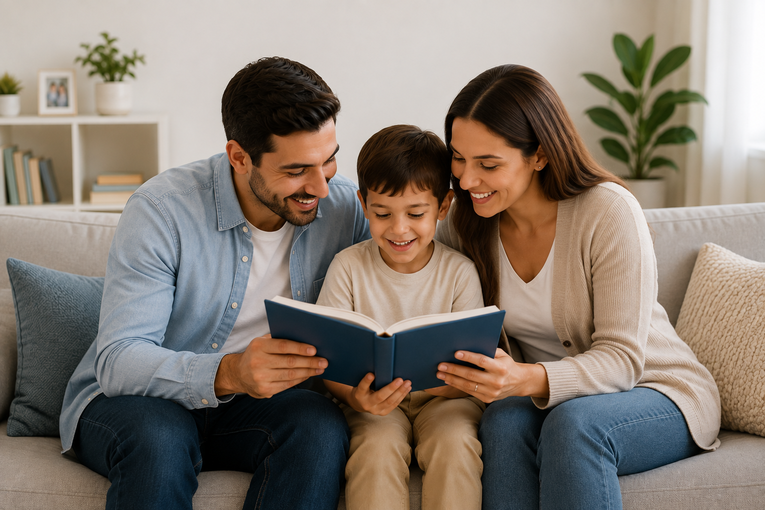 Family reading a book together on the couch