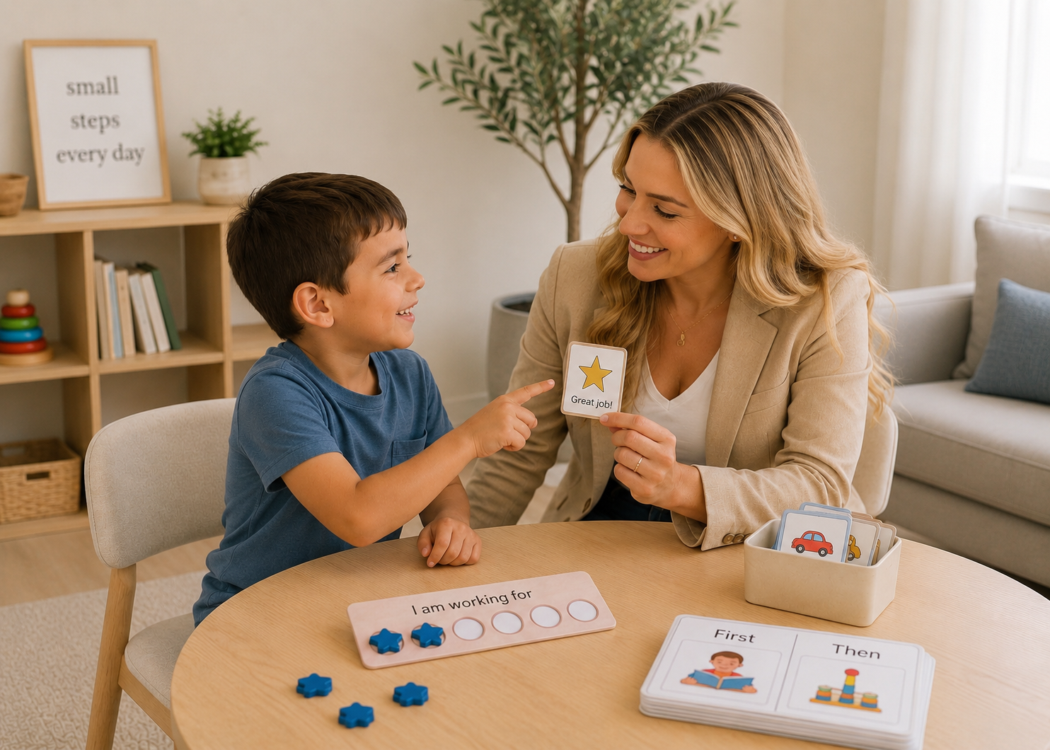 ABA therapist supporting a child during a learning activity